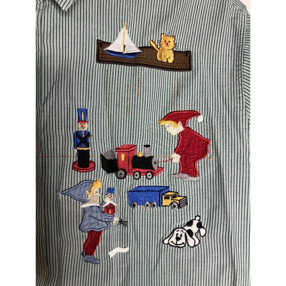 Karen Scott Christmas Embroidered Button-Up Shirt Santa Toys Green Striped - Picture 4 of 10